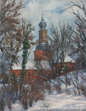 Jever, Stadt, Schloss im Winter, um 1952, 48x61,8 cm, Öl auf Leinwand, Privatbesitz (WV-Nr. 1236)