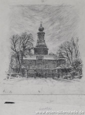 Jever, Stadt, Schloss mit Haupttor, 1940-50er, 29,5x40 cm, Kohlezeichnung, Nachlass Arthur Eden (WV-Nr. 219)