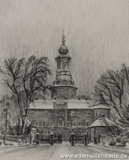 Jever, Stadt, Schloss mit Haupttor, 1957, 24x29,5 cm, Kohlezeichnung, Privatbesitz (WV-Nr. 1016)