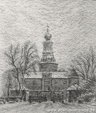 Jever, Stadt, Schloss mit Haupttor, 1958, 24,5x29,6 cm, Kohlezeichnung, Privatbesitz (WV-Nr. 1361)