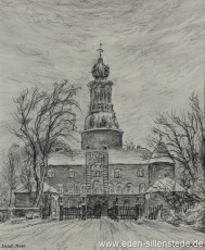 Jever, Stadt, Schloss mit Haupttor, 1960er, 23,5x28,5 cm, Kohlezeichnung, Privatbesitz (WV-Nr. 1476)