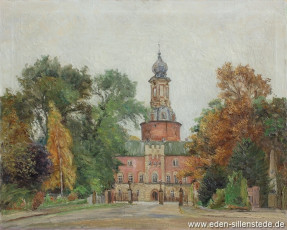 Jever, Stadt, Schloss mit Haupttor, um 1954, 88x71 cm, Öl auf Leinwand, Privatbesitz (WV-Nr. 1192)