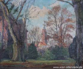 Jever, Stadt, Schlossgarten, Blick auf den Kirchturm, 1940er, 42,5x36 cm, Öl auf Leinwand, Privatbesitz (WV-Nr. 984)