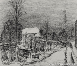 Jever, Stadt, Schloßgraben, 1950-60er, 34,5x29,5 cm, Kohlezeichnung, Besitz Landkreis Friesland (WV-Nr. 620)