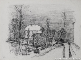 Jever, Stadt, Schloßgraben, 1950-60er, 39,5x29,5 cm, Kohlezeichnung, Nachlass Arthur Eden (WV-Nr. 229)