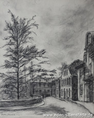 Jever, Stadt, Schlossstraße, 1950er, 28x34 cm, Kohlezeichnung, Privatbesitz (WV-Nr. 1314)
