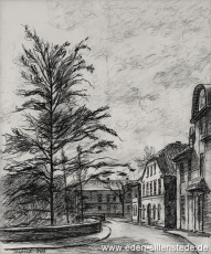 Jever, Stadt, Schlossstraße, 1957, 29x35 cm, Kohlezeichnung, Besitz Landkreis Friesland (WV-Nr. 595)