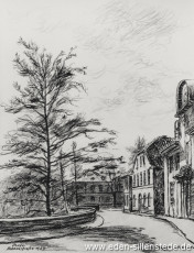 Jever, Stadt, Schlossstraße, 1957, Kohlezeichnung, Besitz Landkreis Friesland (WV-Nr. 653)