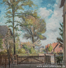 Jever, Stadt, Schützenhof-Ecke Cammanstraße, 1950er, 54x54 cm, Öl auf Holz, Nachlass Arthur Eden (WV-Nr. 134)