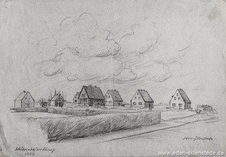Jever, Stadt, Schützenhofsiedlung, 1954, 33x23 cm, Bleistiftzeichnung, Nachlass Arthur Eden (WV-Nr. 292)