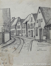 Jever, Stadt, Steinstraße, 1933, 23x28,5 cm, Bleistiftzeichnung, Nachlass Arthur Eden (WV-Nr. 177)