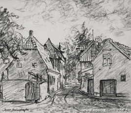 Jever, Stadt, Steinstraße-Am Wall, um 1940, 24x21 cm, Kohlezeichnung, Besitz Landkreis Friesland (WV-Nr. 582)