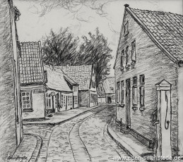 Jever, Stadt, Steinstraße, um 1940, 27x24,5 cm, Kohlezeichnung, Besitz Landkreis Friesland (WV-Nr. 564)
