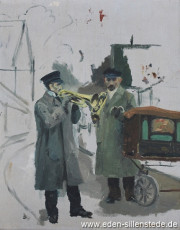 Jever, Stadt, Straßenmusikanten, 1928, 40x52 cm, Öl auf Leinwand, Nachlass Arthur Eden (WV-Nr. 59)