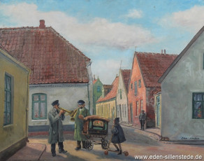 Jever, Stadt, Straßenmusikanten in der Drostenstraße, 1927, 62x48 cm, Öl auf Leinwand, Besitz Schlossmuseum Jever (WV-Nr. 787)