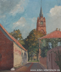 Jever, Stadt, Superintendentenstraße mit Blick auf den Kirchturm, 1930er, 37x43 cm, Öl auf Leinwand, Privatbesitz (WV-Nr. 1400)