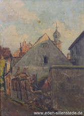 Jever, Stadt, Verfallenes Haus von Remmer Janssen, Kleine Burgstraße, um 1951, 34,5x45,5 cm, Öl auf Leinwand, Besitz Schlossmuseum Jever (WV-Nr. 766)