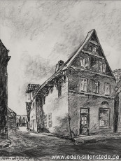 Jever, Stadt, Waagestraße, 1950er, 20,1x27 cm, Kohlezeichnung, Besitz Landkreis Friesland (WV-Nr. 586)