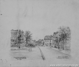 Jever, Stadt, Wasserpfort- Ecke Bahnhofstraße, 1940-50er, 26x18 cm, Bleistiftzeichnung, Nachlass Arthur Eden (WV-Nr. 246)