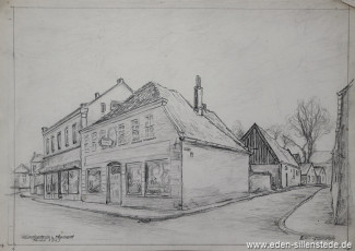 Jever, Stadt, Wasserpfortstrasse u. Mönchswarf, 1963, 45x32 cm, Bleistiftzeichnung, Nachlass Arthur Eden (WV-Nr. 186)