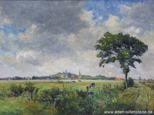 Jever, Umland, Blick auf Jever, 1958, 87x65 cm, Öl auf Leinwand, Besitz Landkreis Friesland (WV-Nr. 576)