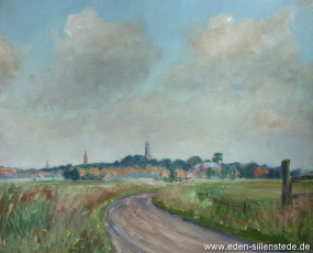 Jever, Umland, Blick auf Jever vom Moorland, 1940er, 33x27 cm, Tempera, Privatbesitz (WV-Nr. 1362)