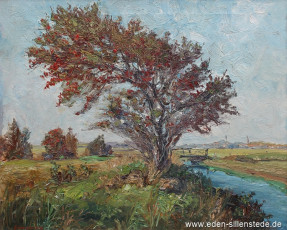 Jever, Umland, Blick vom Moorland auf Jever, um 1960, 62,2x51 cm, Öl auf Leinwand, Besitz Landkreis Friesland (WV-Nr. 569)