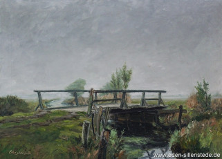 Jever, Umland, Brücke über dem Kreuztief, 1950er, 70x50 cm, Öl auf Leinwand, Besitz Landkreis Friesland (WV-Nr. 613)