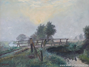 Jever, Umland, Brücke über dem Kreuztief, 1950er, 78x60 cm, Öl auf Leinwand, Privatbesitz (WV-Nr. 1175)