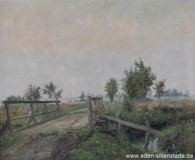 Jever, Umland, Brücke über dem Kreuztief, 1954, 74,8x61 cm, Öl auf Leinwand, Privatbesitz (WV-Nr. 1399)
