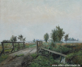 Jever, Umland, Brücke über dem Kreuztief, 1954, 74,8x61 cm, Öl auf Leinwand, Privatbesitz (WV-Nr. 1399)