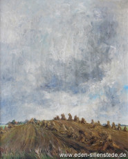 Jever, Umland, Hocken in Wiedel, 1957, 69x84,5 cm, Öl auf Leinwand, Privatbesitz (WV-Nr. 1271)