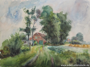 Jever, Umland, Hof Georg Schulz in Möns, 1950er, 48x36 cm, Aquarell, Nachlass Arthur Eden (WV-Nr. 154)