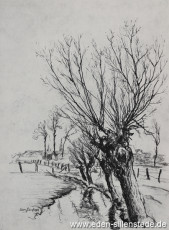 Jever, Umland, Im Moorland, 1950er, Kohlezeichnung, Quelle Historienkalender auf das Jahr 1958, Seite 57 (WV-Nr. 899)