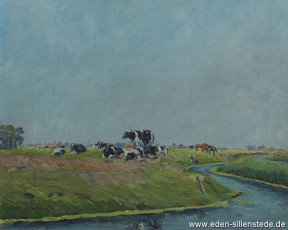 Jever, Umland, Kühe am Hookstief, 1950er, 49x40 cm, Öl auf Leinwand, Besitz Schlossmuseum Jever (WV-Nr. 786)