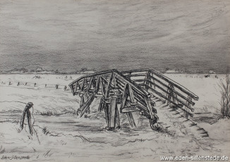 Jever, Umland, Melkenklamp, 1950er, 32x23 cm, Kohlezeichnung, Privatbesitz (WV-Nr. 1480)