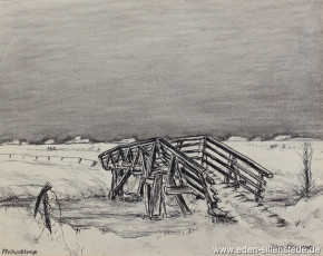 Jever, Umland, Melkenklamp, 1950er, 33,5x26,5 cm, Kohlezeichnung, Privatbesitz (WV-Nr. 15)