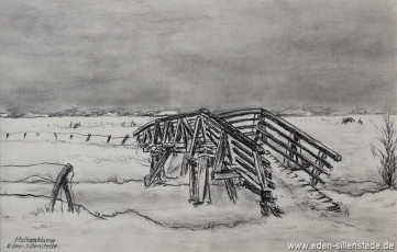 Jever, Umland, Melkenklamp, 1950er, 33x22 cm, Kohlezeichnung, Privatbesitz (WV-Nr. 1011)