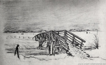 Jever, Umland, Melkenklamp, 1950er, Kohlezeichnung, Quelle Historienkalender auf das Jahr 1958, Seite 62 (WV-Nr. 900)