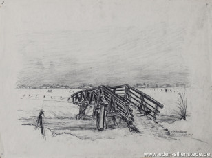 Jever, Umland, Melkenklamp, 1954, 39,5x29,5 cm, Kohlezeichnung, Nachlass Arthur Eden (WV-Nr. 199)