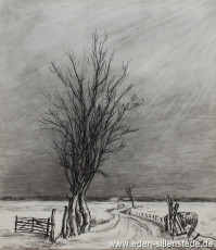 Jever, Umland, Moorlandsweg, 1950er, 24,5x29 cm, Kohlezeichnung, Privatbesitz (WV-Nr. 1481)
