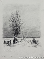 Jever, Umland, Moorlandsweg, 1950er, 25x29 cm, Kohlezeichnung, Nachlass Arthur Eden (WV-Nr. 310)