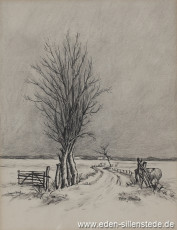 Jever, Umland, Moorlandsweg, 1950er, 26x33,5 cm, Kohlezeichnung, Privatbesitz (WV-Nr. 1443)