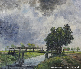 Jeverland, Umland, Brücke über dem Hookstief, um 1960, 80x70 cm, Öl auf Leinwand, Besitz Landkreis Friesland (WV-Nr. 561)