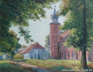 Kniphausen, Innenhof der Burg, 1950er, 64,2x50,5 cm, Öl auf Leinwand, Privatbesitz (WV-Nr. 925)