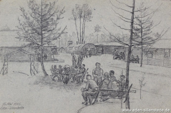 Lager, Alltag im Lager, 1945, 22,5x15 cm, Bleistift auf Papier, Nachlass Arthur Eden (WV-Nr. 452)