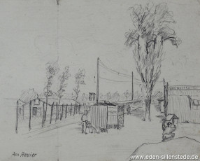 Lager, Am Revier, 1945, 14x11 cm, Bleistift auf Papier, Nachlass Arthur Eden (WV-Nr. 443)