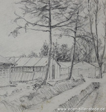 Lager, Ansicht des Lagers, 1945, 10x10,7cm, Bleistift auf Papier, Nachlass Arthur Eden (WV-Nr. 441)