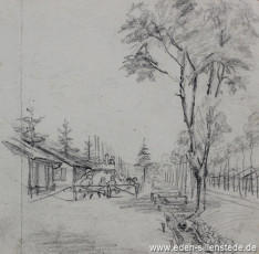 Lager, Ansicht des Lagers, 1945, 11x10,5 cm, Bleistift auf Papier, Nachlass Arthur Eden (WV-Nr. 405)
