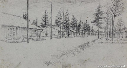Lager, Ansicht des Lagers, 1945, 20x10,8 cm, Bleistift auf Papier, Nachlass Arthur Eden (WV-Nr. 368)